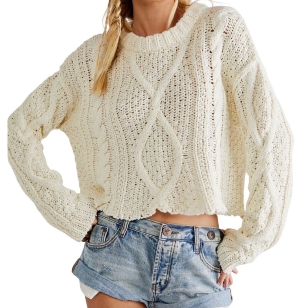 Free People Cutting Edge Cable Knit Pullover Womens S Cream Cotton Cropped